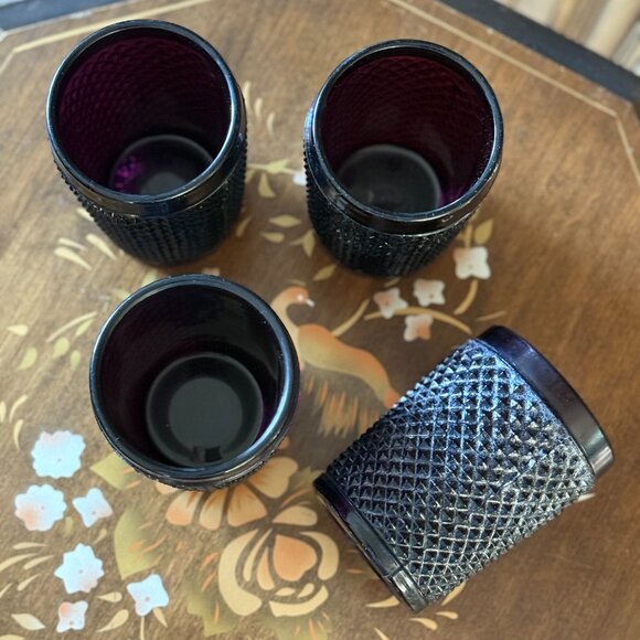 Vintage Plum Diamond Point Glasses – Heavy Pressed Glass Tumblers – Set of 4 - Picture 6 of 9